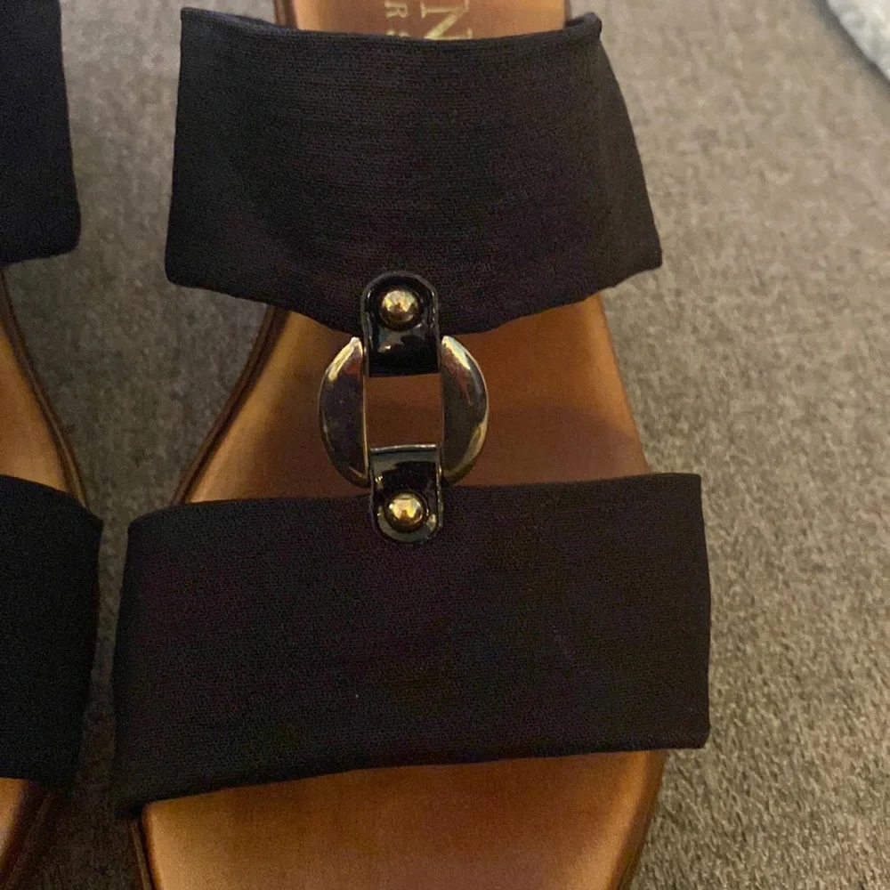 Italian Shoemakers Black Nylon Brass And Leather Wedge Sandal Womens Size 9 - Picture 13 of 15